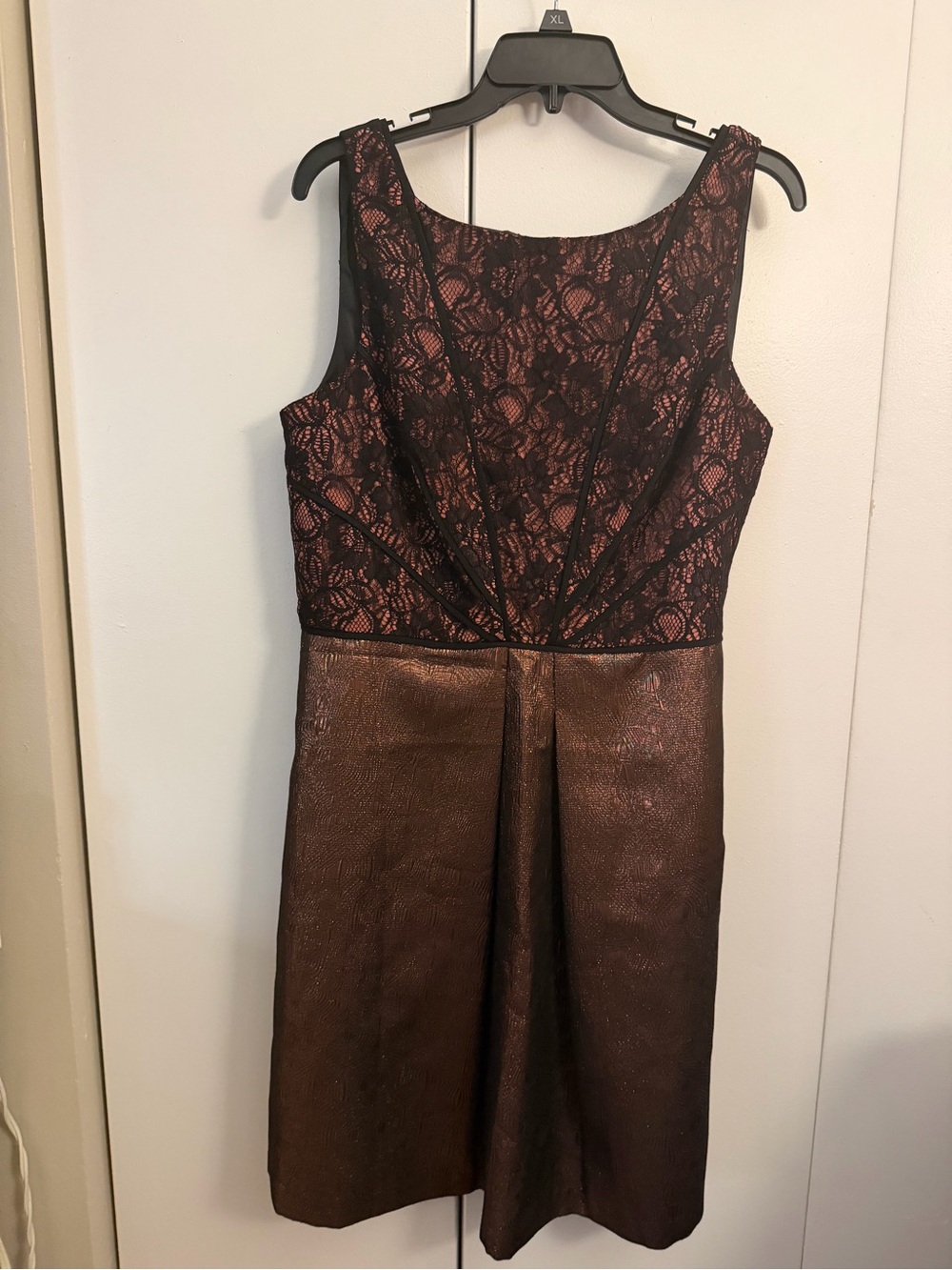 Adrianna Papell Black Lace Overlay with Bronze Metallic Skirt Dress